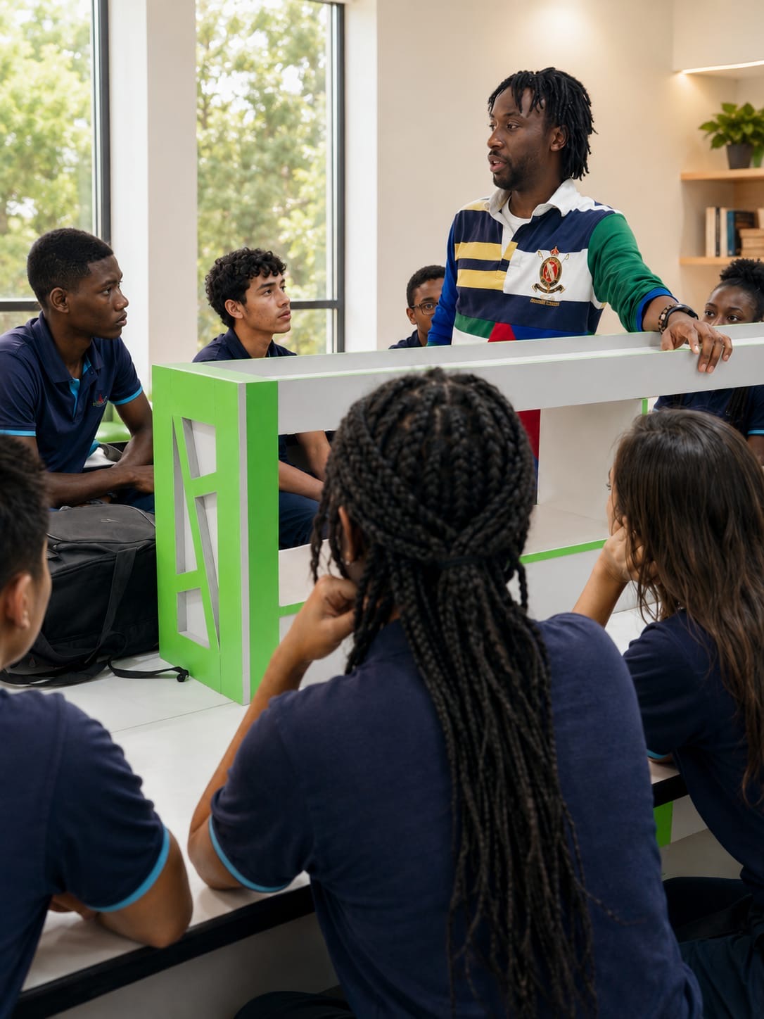 Divine Oshideko in conversation with a group of young people